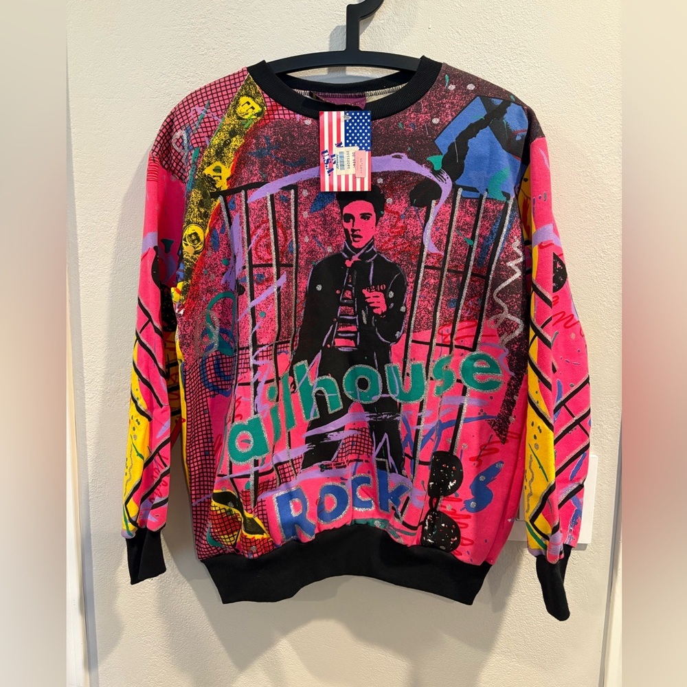 Vintage 1980’s Elvis Presley Liberty Flyer Jailhouse Rock Neon Sweater NWT Sz M - Picture 3 of 16